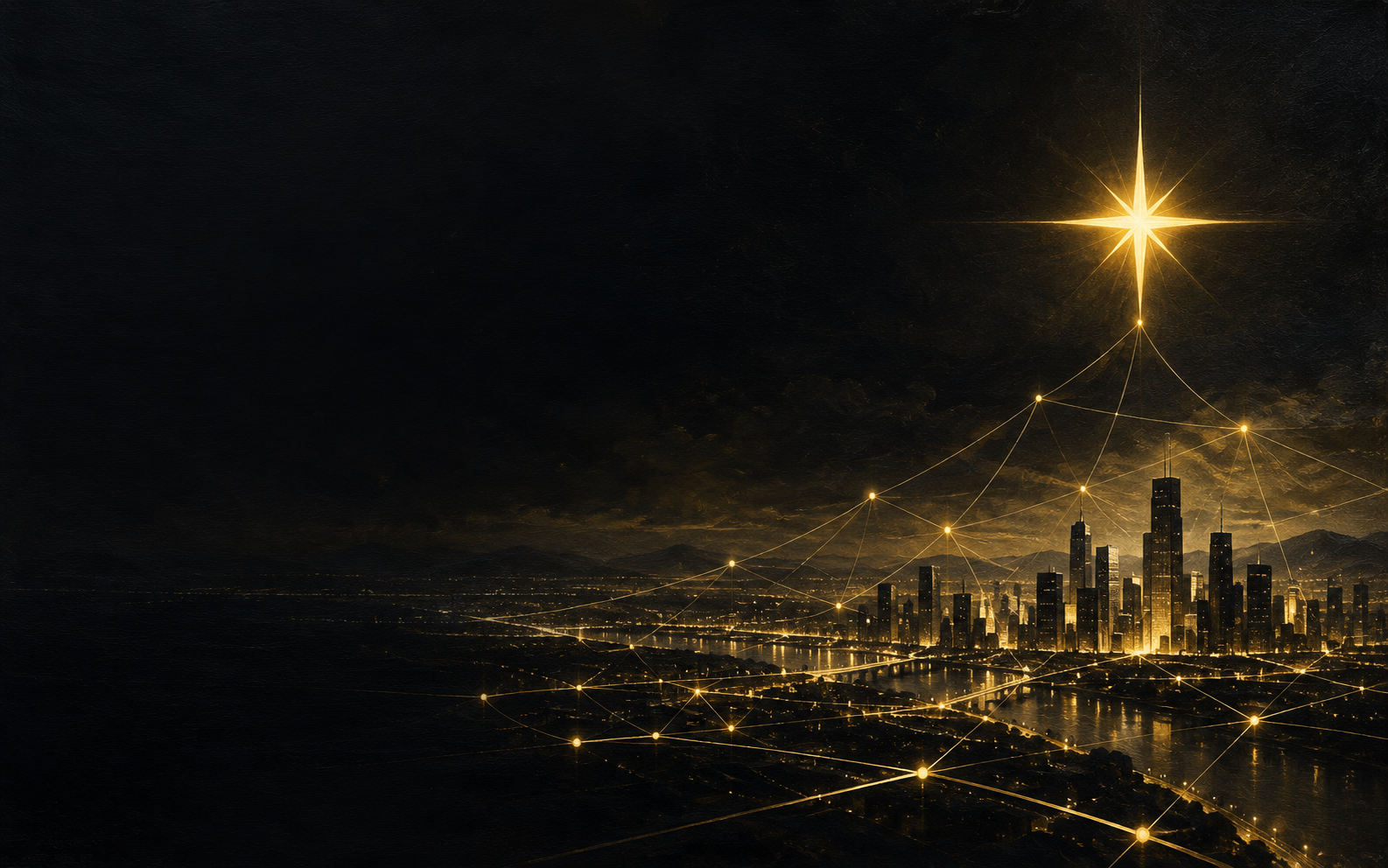 A golden star above a connected city, symbolizing business funding paths