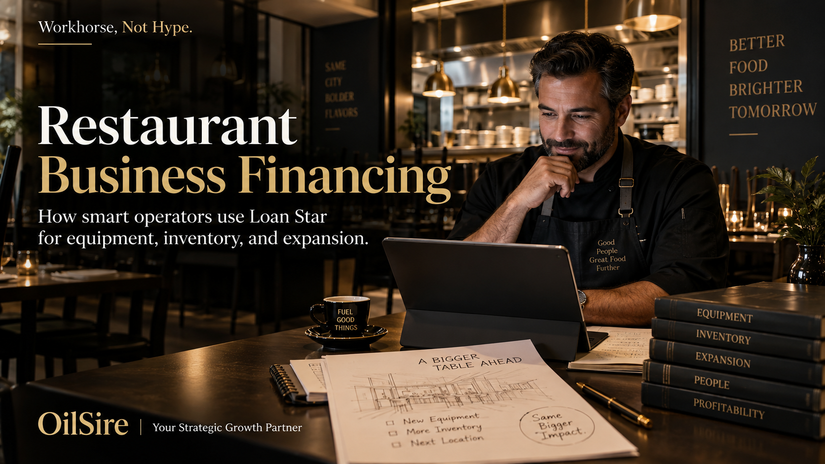 Restaurant operator reviewing business financing for equipment, inventory, and expansion